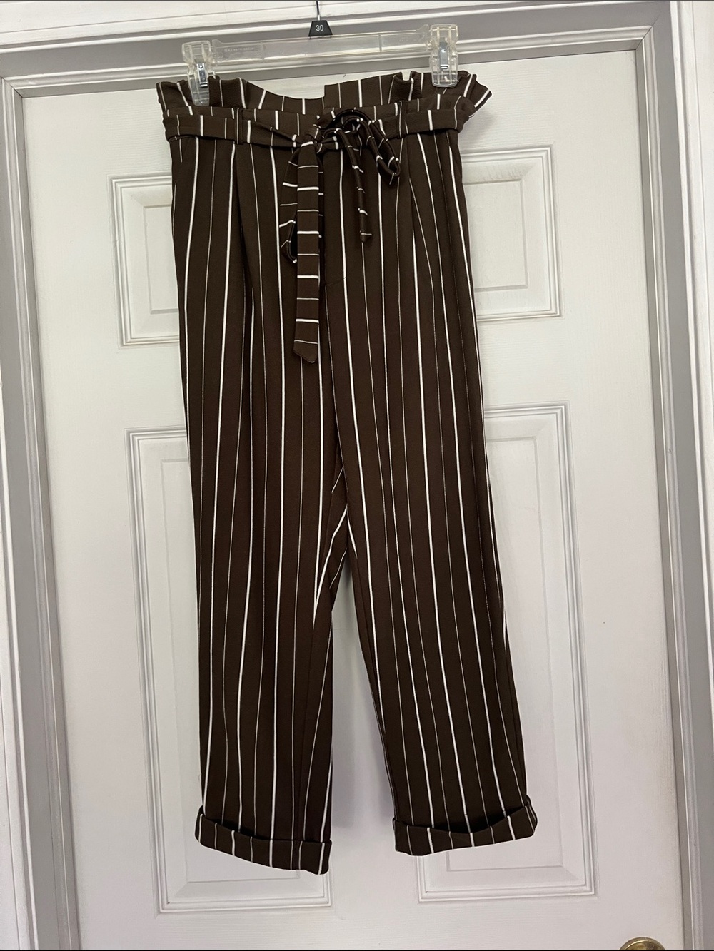 High-Rise Olive Green Pinstripe Paperbag Waist Pants